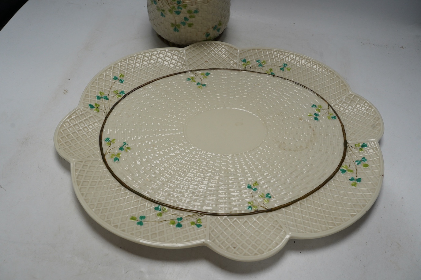 A Belleek cabaret tray and biscuit barrel with cover, clover decoration, 45cm. Condition - cover repaired